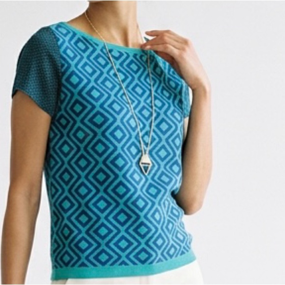 LOFT Geometric Diamond Mixed Media Knit Sweater Top Teal Blue - Size M